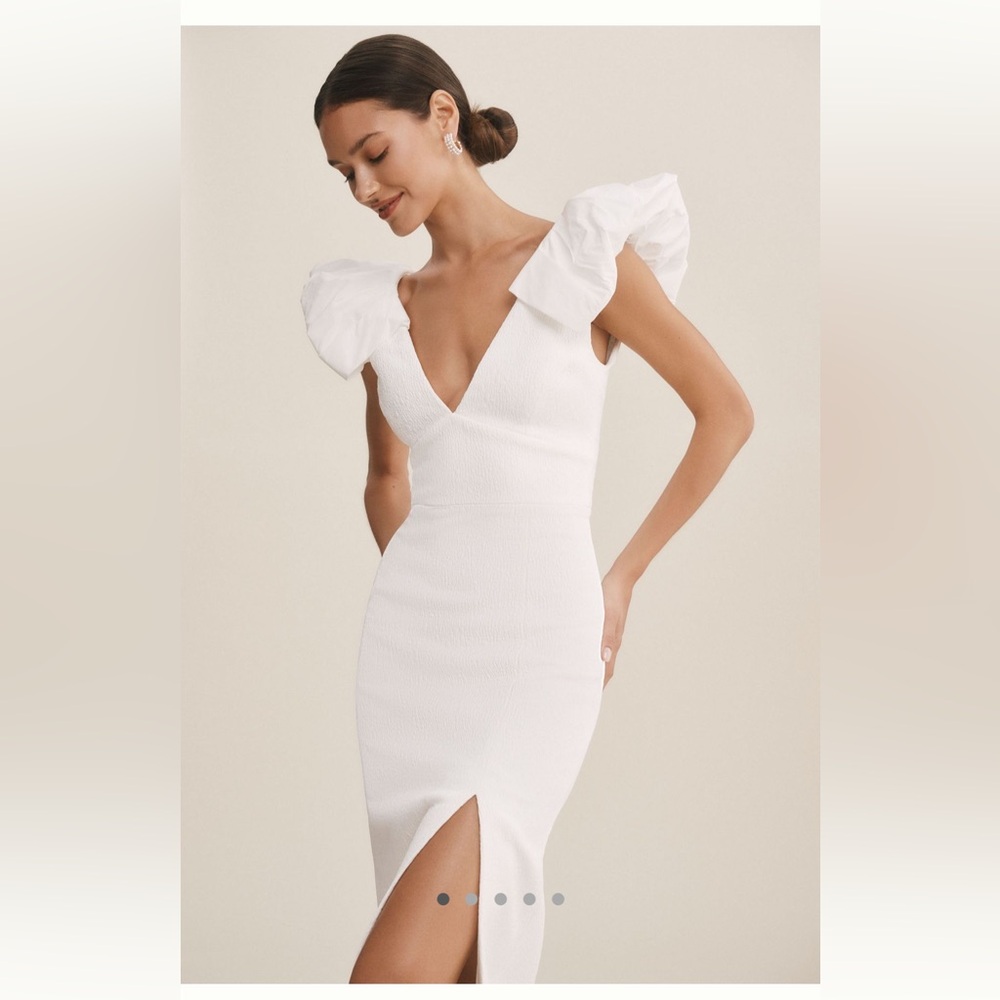 REBECCA VALLANCE PUFF-SLEEVE V-NECK MIDI DRESS
